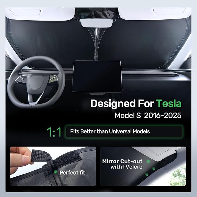 2025 Upgraded Zanch Car Front Windshield Sun Shade- Ultimate UV Protection & Heat Reduction|OEM Design|Innovative No Light Leakage Technology|4-Layer Protection|Fit for Tesla Model S (2016-2025)