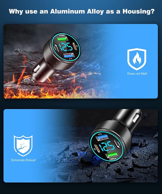 2 Packs of 66W USB C Car Charger 4 Port Car Charger Adapter with 30W PD, 3.1A Aluminium Alloy Car Cigarette Lighter USB Charger with LED Voltmeter Compatible with Phone 15 14 13
