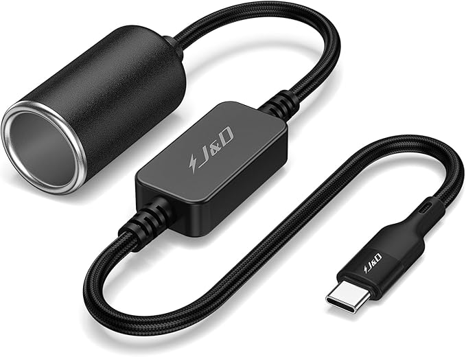 J&D USB C Male to 12V Car Cigarette Lighter Socket Female Converter Cable, 12V 18W Power Cable for Dash Cam, GPS, Car LED Light Strips, Black, 1 ft