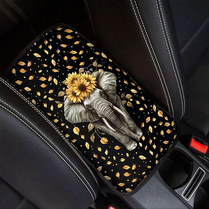 Suobstales Elephant Sunflower Leaf Print Car Armrest Pad Soft Center Console Arm Rest Protector Cover Universal Car Interior Accessories Decoration