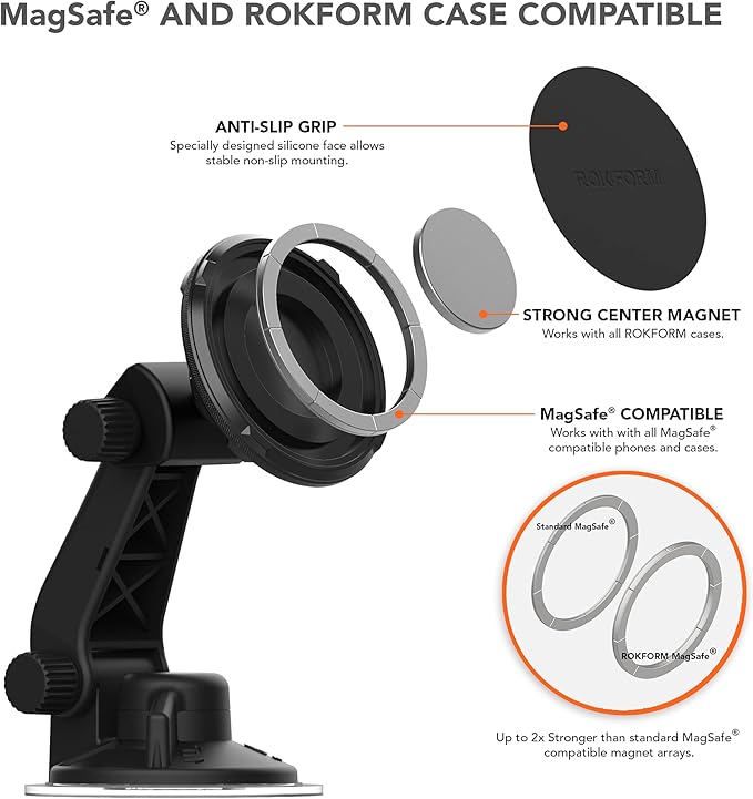ROKFORM - Adjustable Magnetic Windshield Phone Holder, Compatible with MagSafe Phone Cases and Cases, Strong Suction Cup, 210° Tilt, 360° Rotation