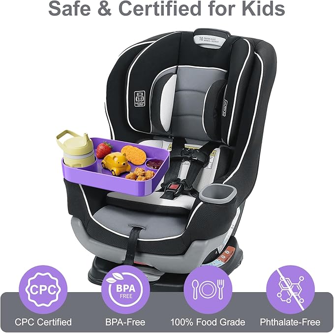 Car Seat Snack Tray for Toddlers - 3 Inch Cup Holder Fits Most Sippy Cups & Straw Bottles with Dip Well, Mess-Free Square Kids Travel Tray Road Trip Essentials, Purple