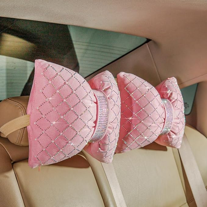 Car Headrest Pillow Pink Sparkly Bling Rhinestone Accessories for Women Bow Seat Neck Support Pillow for Travel Driver Chair Head Rest 2pcs