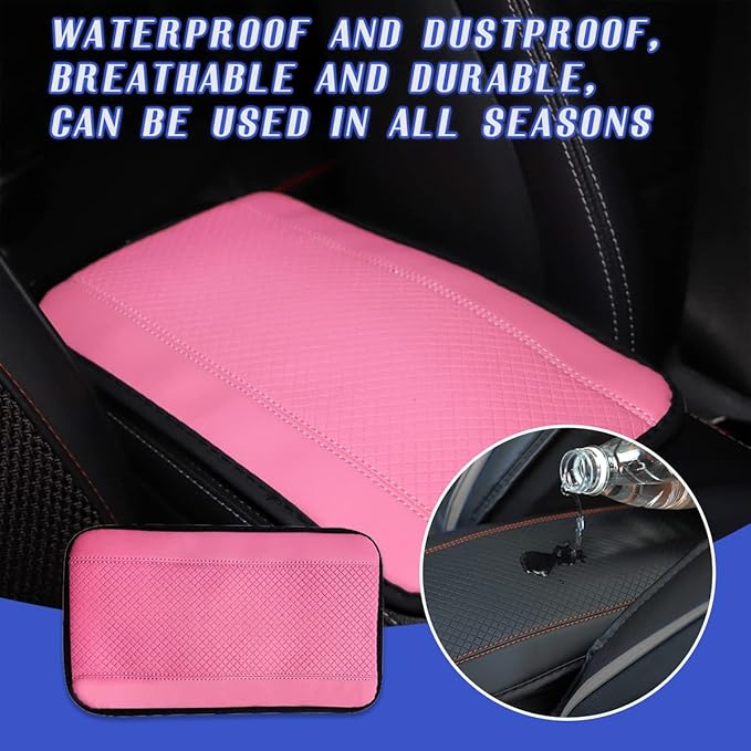 Ziciner Leather Car Center Console Armrest Pad, PU Waterproof Auto Seat Box Cover Protector, Hand Rest Cushion Protection Pad, Vehicles Interior Accessories Universal for Car,SUV (Pink)