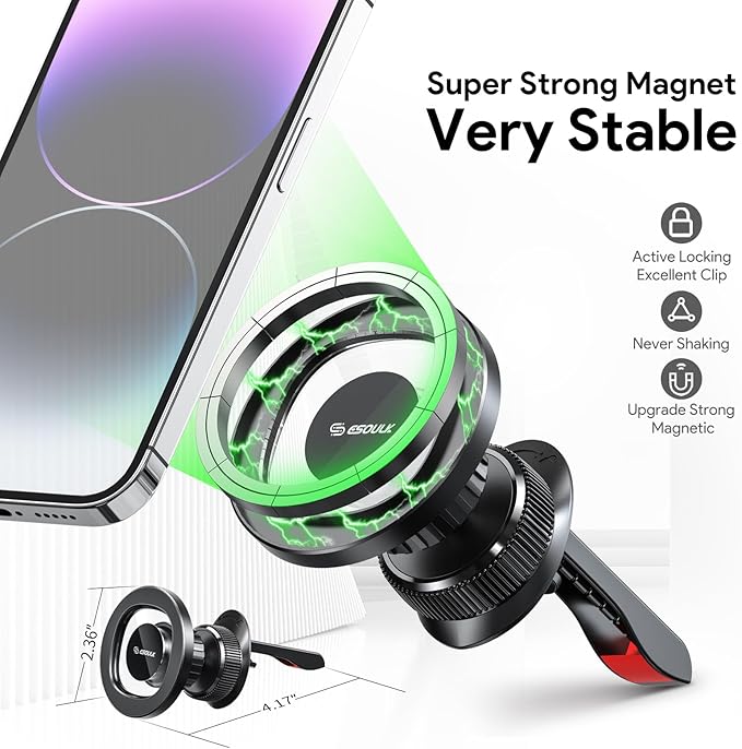 Esoulk Vent Magnetic Phone Holder, MagSafe-Compatible Phone Mount with Car Air Vent Clip, Strong Magnetic Car Mount for iPhone, Compact Car Cell Phone Holder Vent Accessories