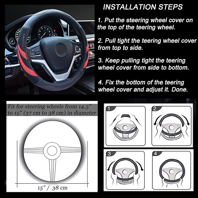 Alusbell Microfiber Leather Steering Wheel Cover Breathable Auto Car Steering Wheel Cover for Women and Men Universal 15 Inches Red