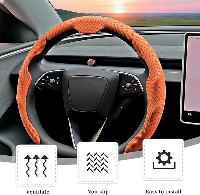 3PCS Car Steering Wheel Cover, Nappa Leather Breathable Non-Slip Segmented Steering Wheel Protector, Snap-on Auto Interior Decoration Accessories, Universal Fit (Orange)