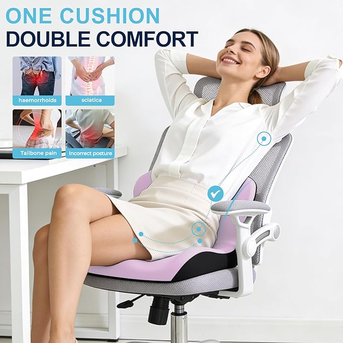 Seat Cushion for Office Chair and Car, L-Shaped Ergonomic Car Seat Cushions, Memory Foam Chair Cushion, Lumbar Support Pillow for Wheelchair, Car, Home, Office, Desk, Pink