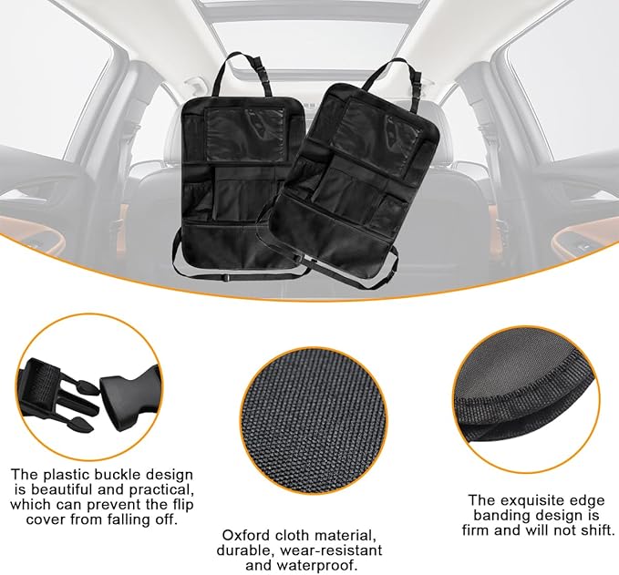 2PCS Car Seat Back Organizer, Waterproof Vehicle Storage Bag with Touch Screen Tablet Holder & 9 Pockets, Auto Kick Mats Back Seat Protector for Kids, Universal Travel Accessories (Gray/Small)
