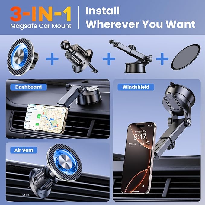 for MagSafe Magnetic Phone Holder for Car [2026 Upgraded Strongest Magnet] Car Mount Cell Stand for Dashboard Windshield Vent Compatible with iPhone 17/16/15/14/13/12 Android etc-Black
