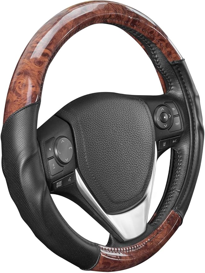 BDK Dark Wood Grain Steering Wheel Cover with Black Faux Leather Comfort Grip, Standard 15 inch Size, Car Steering Wheel Cover for Truck Van SUV Auto