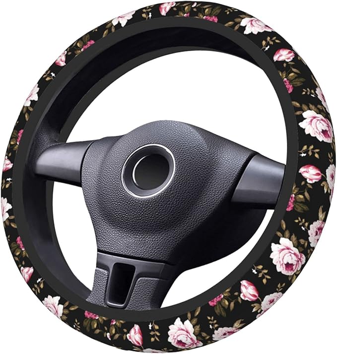 Peony Flower Steering Wheel Cover Women Men Elastic Stretch Soft Car Wheel Protector Universal Breathable No-Slip Car Accessories for Truck Van SUV Auto Fit 14-15 Inches