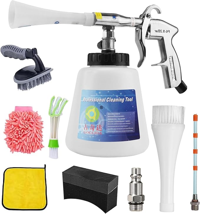 GOCCIDA 8 Car Cleaning Kit, Car Detailing Kit Cleaning Works with Air Compressor (Sponge Cloth + 5 x Brush Tips + Replacement Hose) 8 Parts Car Cleaning kit