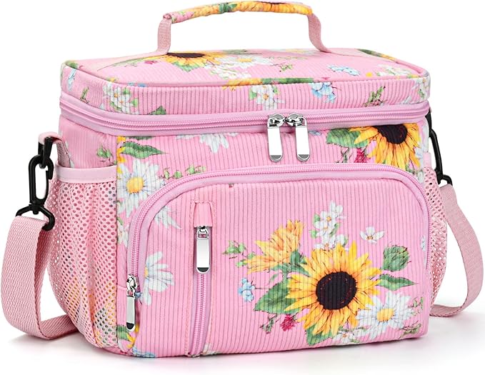 Insulated Lunch Bag for Men & Women, 9L Leakproof Lunch Box Soft Cooler Tote with 5 Pockets, 600D Oxford, EVA Lining, Adjustable Strap for Work, Picnic, Beach&Travel-Corduroy Sunflower Daisy