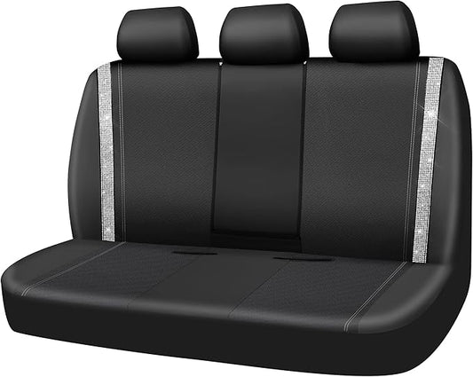 CAR PASS Bling Rhinestone&Leather Back Seat Cover, Waterproof Bench Rear Seat Cover Shining Diamond Universal Fit Automotive Glitter Crystal Sparkle Strips for Kid Women Girl, Silver Diamond