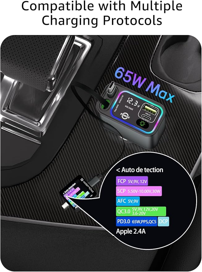 Retractable Car Charger USB C,145W Type C Car Charger Fast Charging with Dual Retractable USB C Cable and USB Ports for iPhone 17/16/15,S25/24/23/22, Pixel 9/8/7（Build-in Dual Type C Cable）