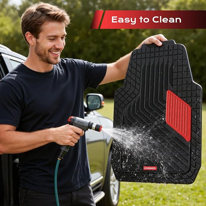 Coverado Red Rubber Car Floor Mats with Metallic Aluminum Film, Waterproof All Weather Protection, Universal Trim-to-Fit Automotive Mats for Cars SUVs Trucks, 4PCS Set