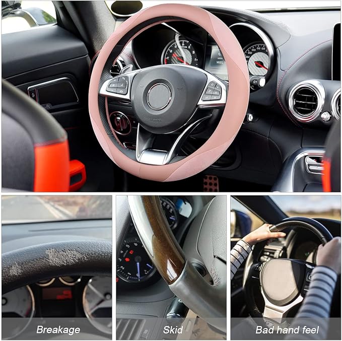 Steering Wheel Cover for Women and Men, Carbon Fiber Plush Steering Wheel Cover Soft Anti-Slip Comforting, Universal 15 Inches Steering Wheels Accessories (Deep Pink)