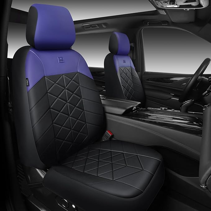 CAR PASS Nappa Leather Seat Covers for Car, Waterproof Seat Covers Full Set, Luxury 3D Rhombus Lined Sponge Airbag Compatible Universal Fit for Automotive SUV Truck Pickup Sedan, Black Blue