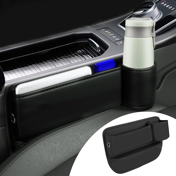 Car Seat Gap Organizer, Multifunctional Car Seat Organizer with Adjustable Cup Holder, Leather Car Seat Gap Storage Box for Holding Phones, Coins, Cards, Keys, Pens (Black)