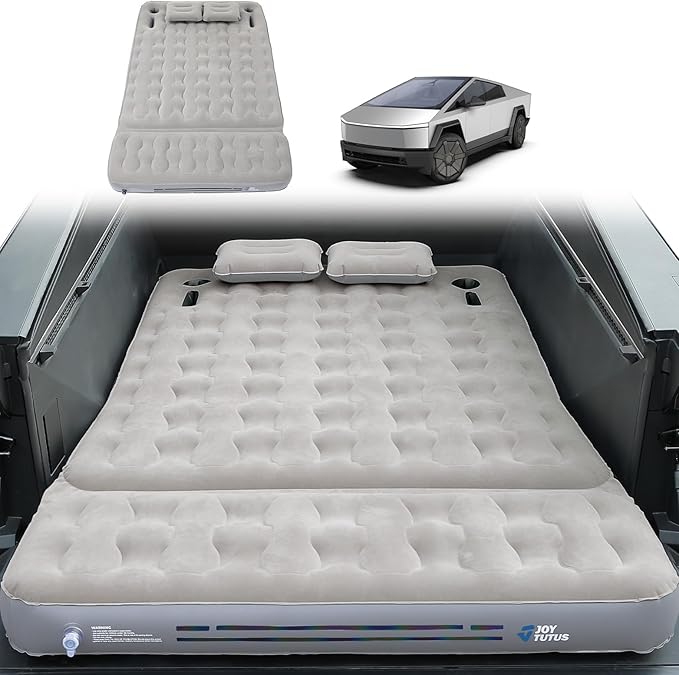 JOYTUTUS Truck Bed Air Mattress with 2 Pillows for Cybertruck Accessories Custom Fit Inflation Camping Air Bed with Built-in Pump & Carry Bag- Grey