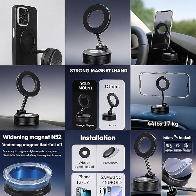 MagSafe Magnetic Car Phone Mount – Super Strong Suction Cup for Dashboard & Windshield – 360° Rotation – Secure Hold for iPhone, Samsung & All Smartphones – One-Hand Use | Fits All Cars