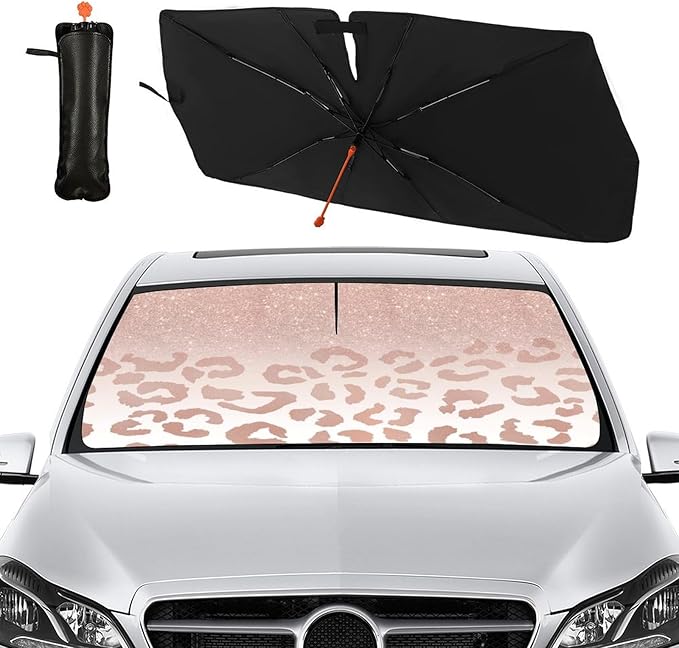 Socira Rose Gold Leopard Car Windshield Sunshade Umbrella Foldable Umbrella Cute Sun Shade Windshield Cover Sunshade Leopard Print Car Accessories Keeps Cool (57" X 30")