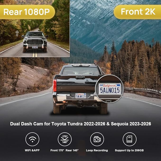 Fitcamx Front 2K+Rear 1080P Dash Cam Adapts for Toyota Tundra 2022-2026 Hybrid & Sequoia 2023-2026 (Gen3), OEM Style, Dual HD Video, WiFi & APP, Loop Recording, G-Sensor, Easy to Set, 64GB Card