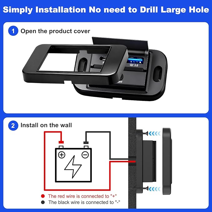 12V Flush Mount USB Charger with Power Switch, Multi-Port Car Charger for RV, Boat, Car, Bus, ATV, Motorcycle - Panel Mount Charging Accessories (PD+QC)