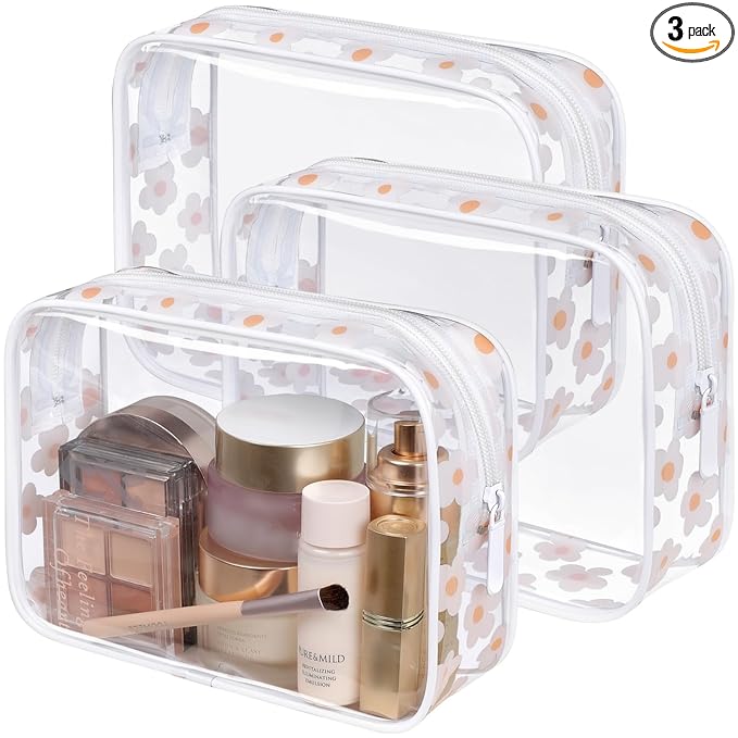PACKISM TSA Approved Toiletry Bag - White Flower Print Clear Makeup Bag, Suitable for Gifts, with Supporting Frame, Perfect Valentines Day Gifts for Her, Thick No Smell