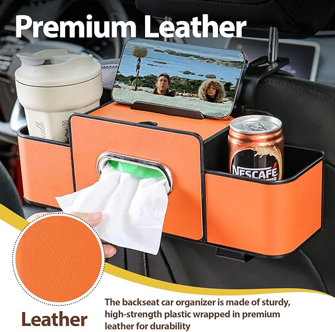ZenChef Three-in-one Car Organizers and Storage, 2025 New Multi-function Car Tissue Holder, Multi-function Backseat Car Organizer with Cup Holder, Tissue Box, Hook(black)
