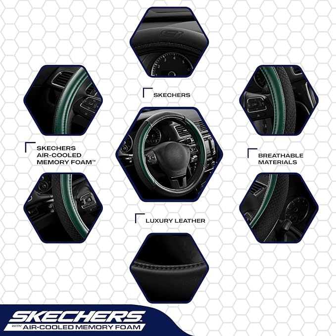 Skechers Air-Cooled Steering Wheel Cover,Leather Car Steering Wheel Cover Universal Fit 14" 1/2-15" Car Wheel Protector for Men Women Fit Suvs,Vans,Sedans,Car,Trucks,Green