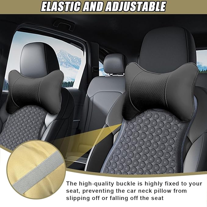 2PCS Car Neck Pillow, PU Leather Headrest Cushion with Adjustable Strap, Ergonomic Soft Headrest Pillow, Universal Multi-Function Auto Lumbar Support Accessories for Pressure Relief (Black)