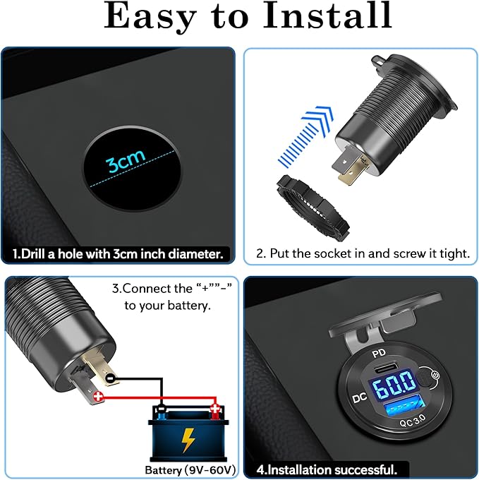 9V-60V USB Charger, 12V 24V 36V 48V 60V USB Outlet Aluminum Car Socket, PD 36W and QC 18W Car Port Outlet Waterproof Cigarette Lighter Replacement DIY Kit with Power Switch for Boat Golf Cart, etc.