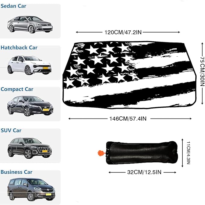 Socira American Flag Car Windshield Sunshade Umbrella Foldable Black Umbrella Sun Shade Cover Patriotic Sunshade Front Window Cover Interior Blocks Uv Rays Keeps Cool (57" X 30")