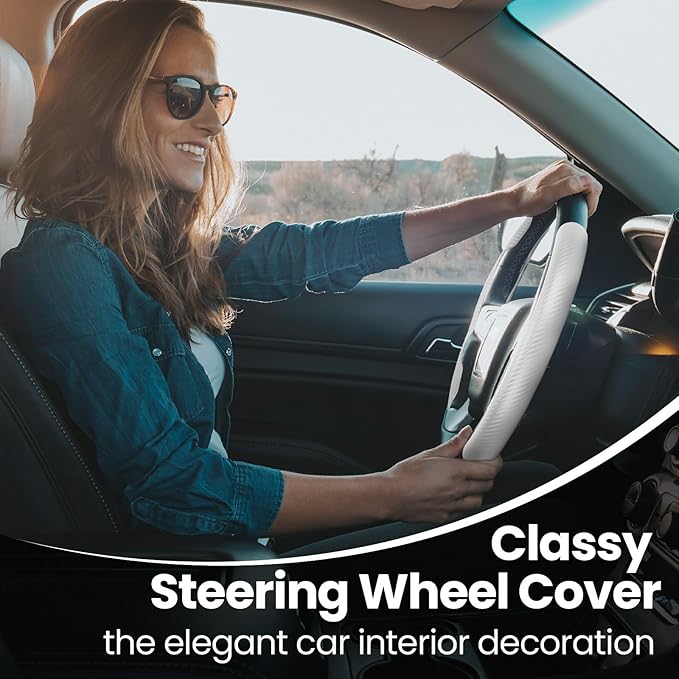 GSPSCN Universal Car Carbon Fiber Steering Wheel Cover Anti-Skid,Butterfly Steering Wheel Cover,Non-Slip Segmented Steering Wheel Protector,Fit for 99% Cars,Car Interior Accessories (White)