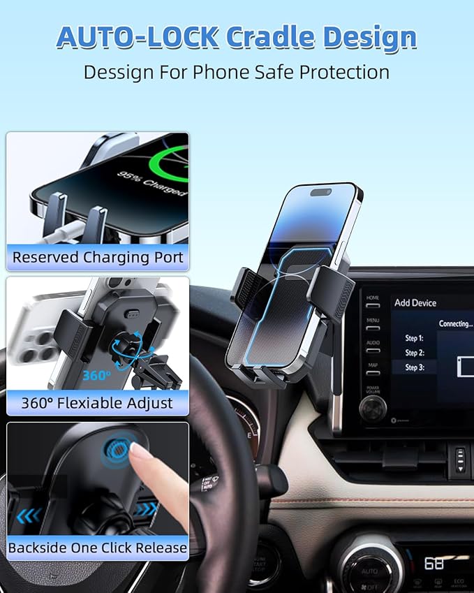 PZK Car Phone Mount for Toyota RAV4 2019-2025 Hybrid LE/XLE/Premium Accessories 7/8-Inch Screen 360° Rotation Smart Phone Cradles Auto Lock Cell Phone Holder Not Affect Air Vent (Not Fit 9/10.5 inch)