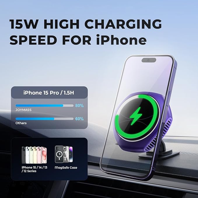 JOYMASS for MagSafe Car Mount Charger, 15W Fast Charging Magnetic Wireless Car Charger Phone Holder Mount Fits iPhone 15 Pro Max Plus 14 13 12 Mini MagSafe Case - Purple