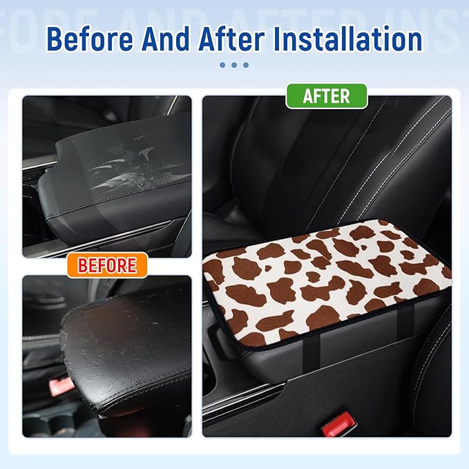 Cow Print Car Center Console Cover, Cute Armrest Mat Cushion Pad, Automotive Interior Accessories for Most Vehicle, SUV, Truck Arm Rest Box (Cow, Brown)