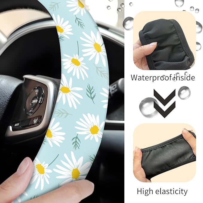 Car Steering Wheel Cover, Universal 15 Inch Neoprene Non-Slip Steering Wheel Covers, Funny Car Accessories for Women Men Fit Auto, Suvs, Truck Sweet Daisy Flowers