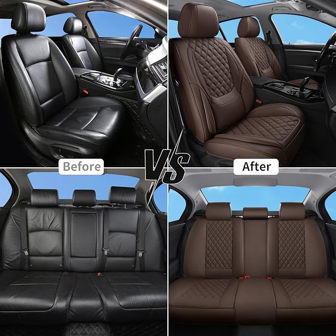 Car Seat Covers Full Set Brown,Luxury Faux Leather Car Seat Covers Waterproof Non-Slip Seat Protector Universal Fit for Most Cars SUVs Trucks Pick-ups, Car Accessories Interior(Brown-Full Set)