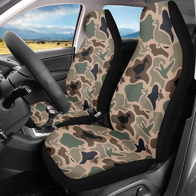 Car Front Seat Covers Elastic Fabrics Universal Duck Camo Print Car Seat Covers Protector Easy to Install Automotive Accessories Suitable for Cars, SUV and Trucks, Set of 2