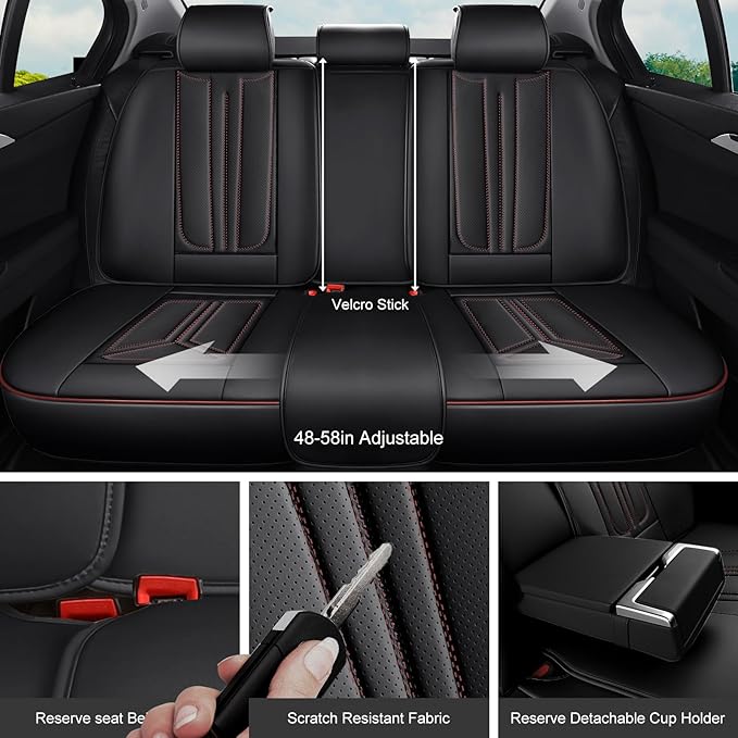 Car Seat Covers, Premium Leather Car Seat Covers, Waterproof and Breathable Seat Covers, Universal Car Seat Protector Fit for Cars, Trucks, SUVs, Pick-ups (Black&Red line, FullSet)