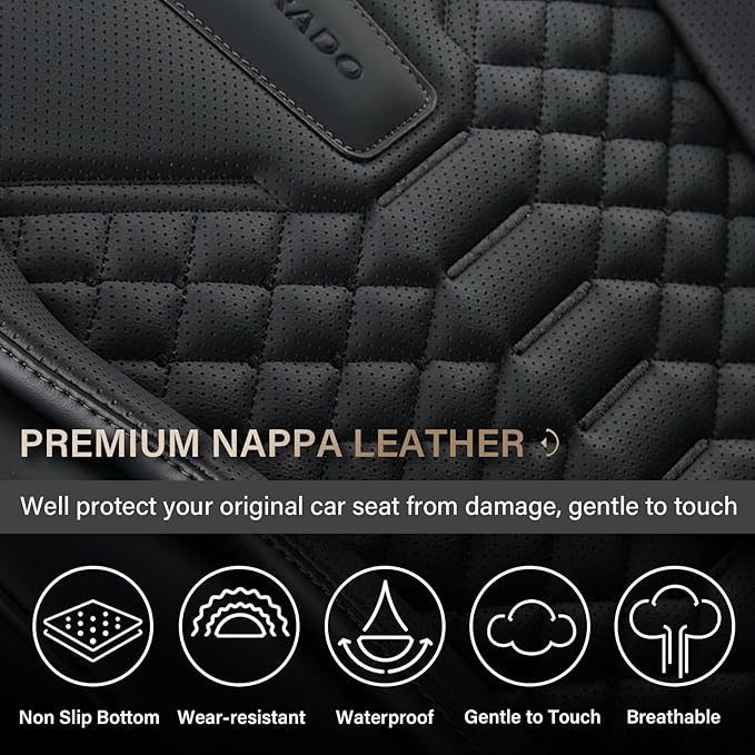 Coverado Car Seat Cover, Front Seat Cover, 2 Pack Universal Seat Covers for Cars, Breathable Nappa Leather Seat Cover, Waterproof Car Seat Protectors, Automotive Seat Covers Fit for Most Cars Black