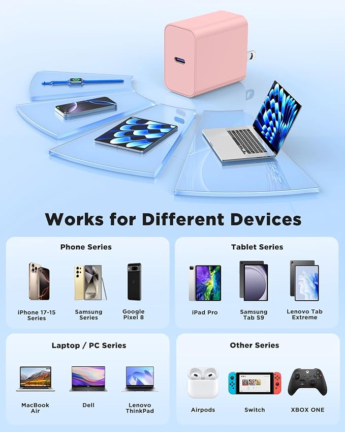45W iPhone 17 16 15 Pro Max Charger Fast Charging 6FT/10 FT/10FT, Super Fast USB C Charger Block with Extra Long Type C Charging Cable,PD Quick Adapter 3.0 for iPhone 17 air/16e 15Pro/16 15 Plus-Pink