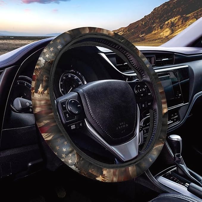 SEANATIVE Eagle US Flag Print Universal 15 inch Auto Car Steering Wheel Cover Neoprene Car Steering Wheel Protector Cover fit Most Car Van Truck SUV