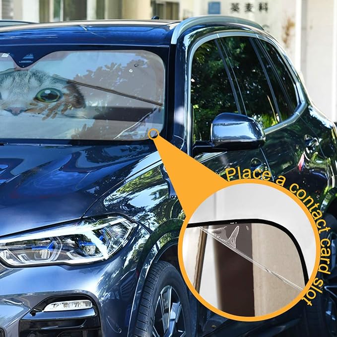 Funny Cat Car Windshield Sun Shade Cute Animal Foldable UV Ray Sun Visor Protector Sunshade to Keep Your Vehicle Cool (55" x 27.6")
