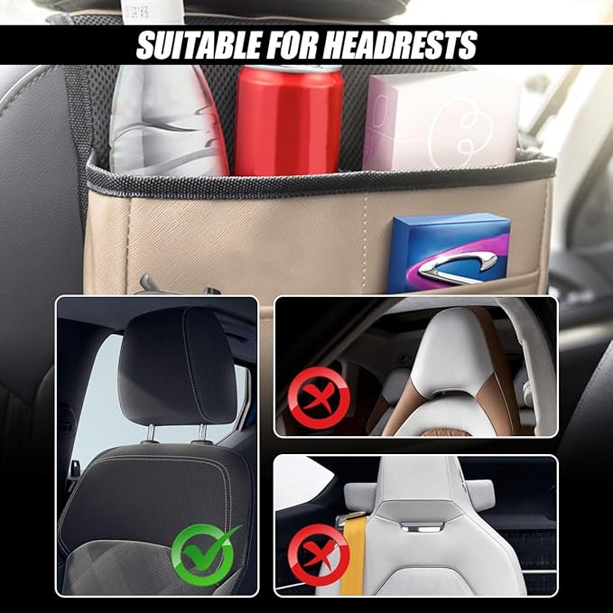Car Back Seat Organizer, Waterproof PU Leather Car Hanging Storage Bag, Multipurpose Front & Backseat Car Seat Storage Organizer, Universal Interior Car Accessories for Most Vehicles (Beige)