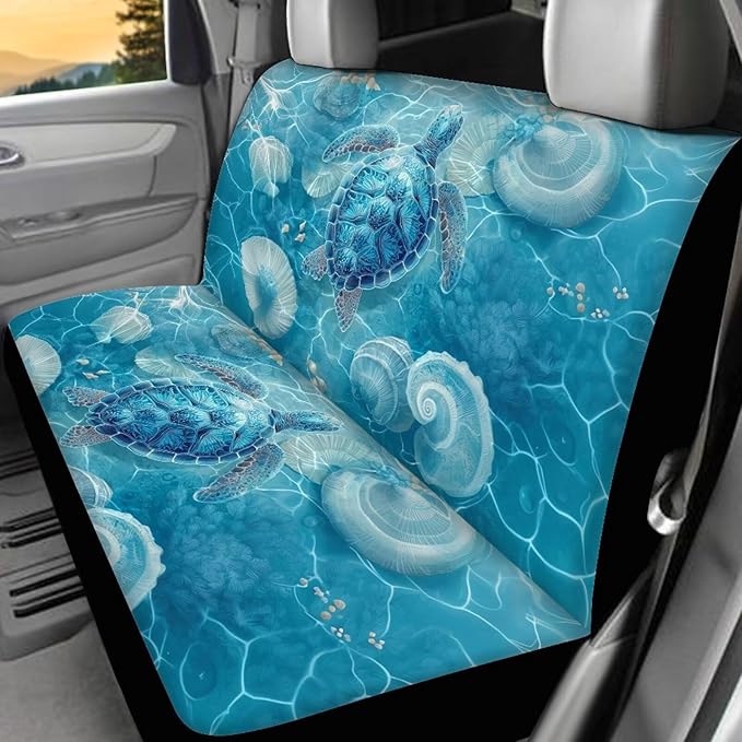 KEIAHUAN Blue Sea Turtle Front and Back Car Seat Covers Front Saddle Blanket Rear Split Bench Protection Cover Soft and Breathable Automotive Accessories Universal Fits Sedan Truck SUV