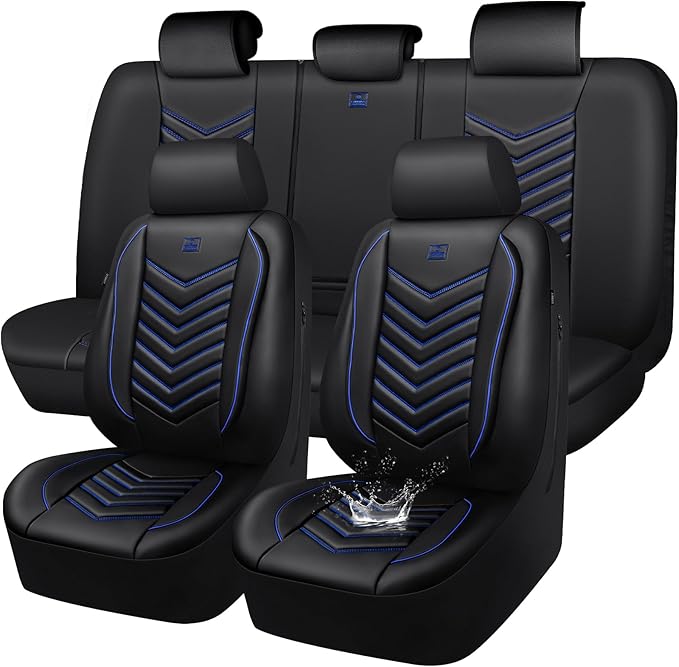 CAR PASS 3D Foam Faux Leather Car Seat Covers Full Set, Waterproof Leather Seat Cover for Cars, Luxury Universal Fit for SUV Truck Sedan Automotive, Armrest Airbag Compatible Anti-Slip, Black and Blue